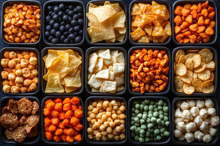 A diverse selection of crunchy snacks displayed in a grid format, featuring an array of textures and colors. includes puffed snacks, chips, and crackers, a variety of flavor profiles for culinary exploration and marketing. Generative AIの素材