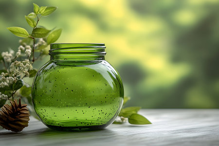 Green glass jar set on a wooden surface, surrounded by natural elements like leaves and flowers. the blurred green background suggests a serene, nature-inspired setting, ideal for eco-friendly or organic design themes. Generative AIの素材