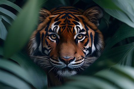 A regal tiger gazes intently through dense jungle foliage, embodying the wild beauty and stealth of these magnificent creatures. the vibrant greenery frames the powerful animal, its striking features and the allure of its natural habitat. Generative AIの素材