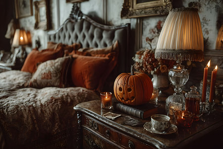 A cozy bedroom showcases vintage halloween decor. a carved pumpkin sits on a bedside table alongside elegant candlesticks, creating a warm ambiance. plush cushions and rich textiles enhance the rustic charm and cozy atmosphere. Generative AIの素材