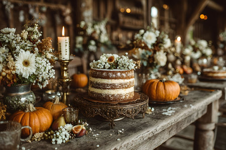 A rustic table setting features a naked cake with floral accents, surrounded by pumpkins and elegant floral arrangements. candlelight enhances the warm, cozy atmosphere, ideal for a thanksgiving celebration. Generative AIの素材