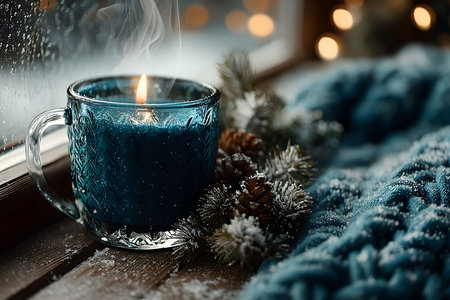 A serene winter setting featuring a lit blue candle on a frosted window sill, adorned with pine cones and snow-dusted branches. twinkling lights and a knitted blanket add warmth to the cozy holiday atmosphere. Generative AIの素材