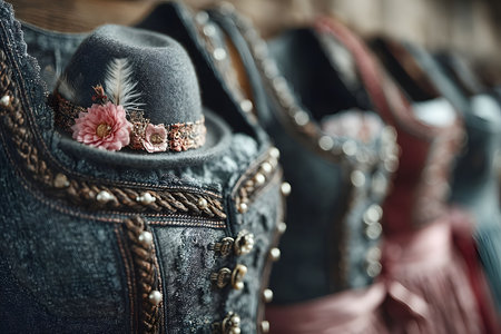 Close-up of a traditional bavarian hat adorned with flowers and feathers, positioned on a rack of dirndl dresses. the intricate detailing and accessories highlight oktoberfest fashion and cultural heritage, showcasing vibrant colors and craftsmanship. Generative AIの素材