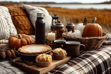 A serene lakeside picnic scene featuring a cozy setup with a variety of pumpkins, pumpkin pie, muffins, thermos, and hot coffee mugs. plaid blankets add warmth, perfect for a fall gathering surrounded by nature. Generative AIの素材