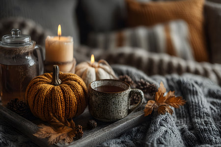Cozy autumn scene with a knitted pumpkin, a mug of hot beverage, and lit candles on a wooden tray. warm tones and soft textures create a comforting atmosphere ideal for seasonal relaxation and celebration. Generative AIの素材