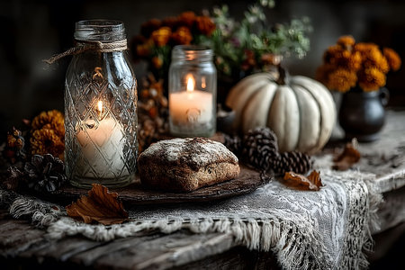 A rustic autumn table setup featuring glowing candles in glass jars, a loaf of fresh bread, a white pumpkin, pinecones, and vibrant orange flowers. the cozy arrangement evokes a warm, festive thanksgiving ambiance. Generative AIの素材