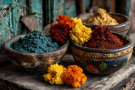 Vibrant colored powders in blue, red, and yellow sit in rustic bowls alongside marigold flowers on a wooden table. the image evokes themes of cultural celebration, traditional festivals, and the beauty of vivid colors. Generative AIの素材