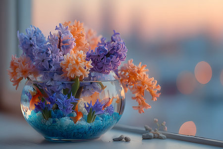 Vibrant purple and peach flowers in a glass bowl sit on a windowsill against a blurred sunset backdrop. the composition exudes tranquility, perfect for artistic inspiration or home decor themes. Generative AIの素材