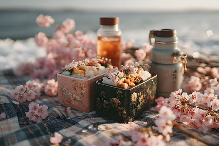 A serene seaside picnic features ornate bento boxes filled with rice and pickles, surrounded by delicate cherry blossoms. accompanying the feast are bottles of refreshing tea, all laid on a checkered blanket. Generative AIの素材