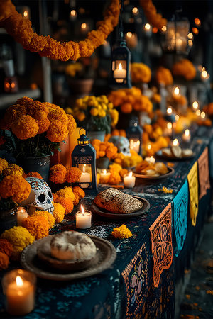 Vibrant day of the dead altar adorned with marigold flowers, candles, and traditional motifs. decorative papel picado, skulls, and offerings add cultural and festive elements to the scene, creating a warm and inviting atmosphere. Generative AIの素材