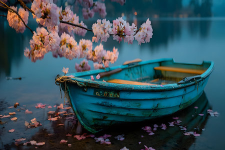 A rustic blue boat rests quietly against a tranquil lake backdrop under a soft twilight sky. delicate cherry blossoms drape gracefully over the water, casting reflections and adding a serene, springtime ambiance. Generative AIの素材