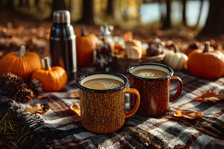 Cozy autumn scene featuring two coffee cups on a plaid blanket surrounded by fall elements like pumpkins, pine cones, and a picnic basket. the forest backdrop and warm tones evoke a sense of relaxation and seasonal enjoyment. Generative AIの素材
