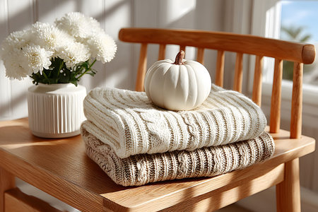 Sunlit cozy autumn decor featuring a white pumpkin atop stacked knitted blankets, placed on a wooden chair beside a vase of white flowers. the warm tones and natural lighting evoke a serene, inviting atmosphere. Generative AIの素材