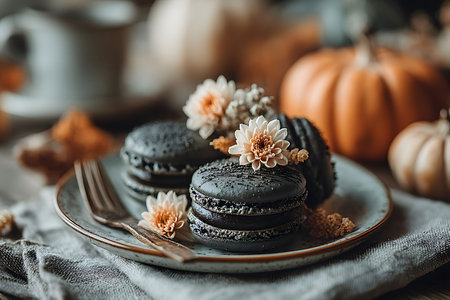 Elegant black macarons adorned with small flowers sit on a ceramic plate, surrounded by mini pumpkins and dried leaves. this composition evokes an autumn theme, perfect for thanksgiving or a stylish fall gathering. Generative AIの素材