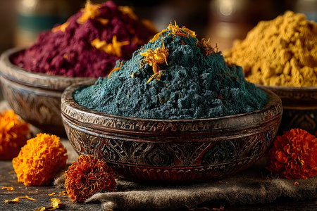 Vibrant piles of colored powders, including blue, red, and yellow, are artistically arranged in intricate, ornate bowls. accompanied by marigold flowers, the setup reflects festive traditions and cultural richness, ideal for holi celebrations or decorative purposes. Generative AIの素材