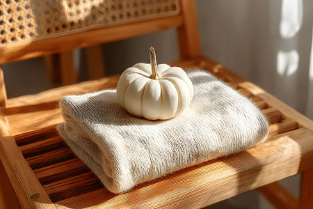 Warm sunlight filters through, casting a golden glow on a rustic wooden chair adorned with a folded knit blanket and a small white pumpkin. this serene setup embodies the essence of autumnal comfort and seasonal decor. Generative AIの素材