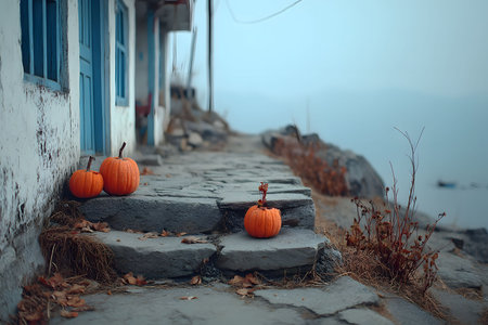 Tranquil autumn scene featuring three pumpkins on rustic stone steps by a serene lakeside. the overcast sky and dried foliage convey a peaceful, introspective mood, ideal for seasonal or nature-themed designs. Generative AIの素材