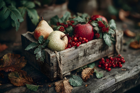 A rustic wooden crate holds ripe apples, pears, and clusters of red berries, adorned with green leaves. surrounding autumn leaves create a warm, seasonal atmosphere, ideal for autumn-themed designs or harvest displays. Generative AIの素材