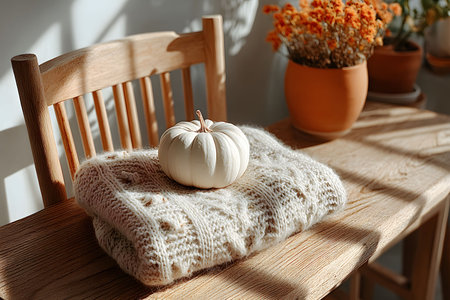 A cozy autumn scene featuring a white pumpkin placed on a knitted beige sweater on a wooden chair. the background includes a terracotta pot with autumn flowers, bathed in warm, natural sunlight, creating a serene atmosphere. Generative AIの素材