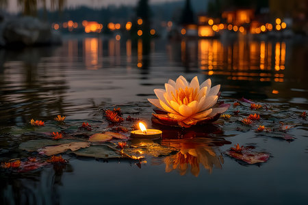 A serene evening scene featuring a luminous lotus flower and candle floating on a tranquil lake. softly glowing lights from distant buildings enhance the peaceful ambiance, reflecting beautifully off the water's surface. Generative AIの素材