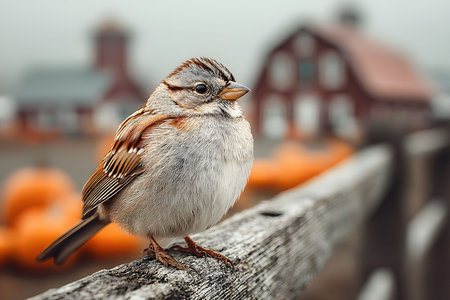 A detailed shot of a sparrow sitting on a weathered wooden fence in a farm setting. blurred barns and pumpkins create an inviting autumn atmosphere, the harmony between nature and agriculture. Generative AIの素材