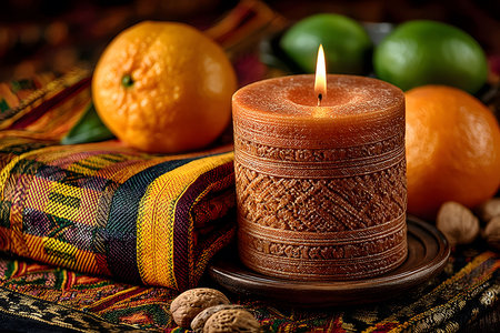 A beautifully textured candle casts a warm glow, surrounded by vibrant citrus fruits and a woven fabric with intricate patterns. this cozy scene embodies autumn's inviting atmosphere, perfect for home decor inspiration. Generative AIの素材