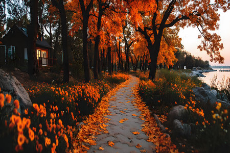 A serene pathway adorned with bright orange autumn leaves leads through a forest to a cozy cabin by the lakeside. the warm glow of the setting sun enhances the colorful foliage, creating a peaceful, scenic atmosphere. Generative AIの素材
