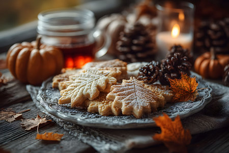 A warm and inviting autumn scene featuring leaf-shaped cookies dusted with sugar on a decorative plate. accentuated by small pumpkins, pinecones, and a lit candle, this cozy setup evokes feelings of fall and holiday preparations. Generative AIの素材