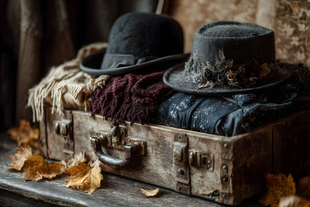 Vintage-style hats rest on an antique wooden suitcase adorned with cozy scarves, surrounded by fallen autumn leaves. the earthy tones create a warm, nostalgic ambiance, perfect for seasonal fashion or travel-themed projects. Generative AIの素材