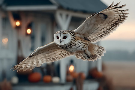 A magnificent owl gracefully soars through the twilight sky, showcasing its impressive wingspan. the serene ambiance is enhanced by the warm, glowing lights and scattered pumpkins near a charming country cottage. Generative AIの素材