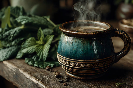 Rustic ceramic cup with steaming mint tea on a textured wooden table, surrounded by fresh mint leaves and rustic decor. evokes warmth and relaxation, perfect for cozy kitchen settings or herbal product promotions. Generative AIの素材