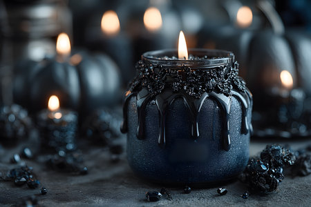 A dimly lit scene featuring dark, richly textured black candles surrounded by intricately detailed pumpkins. the ambiance is moody and gothic, perfect for halloween decor that combines elegance with a touch of mystery. Generative AIの素材