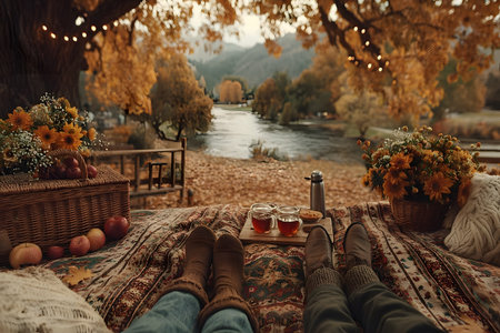 Two people relax on a blanket under a large tree adorned with fairy lights, enjoying a peaceful autumn picnic by the riverside. the scene features baskets of vibrant flowers, apples, and warm drinks, surrounded by fall foliage. Generative AIの素材