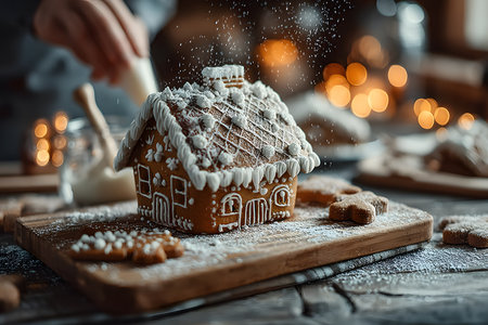 A detailed gingerbread house adorned with intricate icing designs set on a wooden board. background bokeh highlights a warm, festive ambiance perfect for holiday decoration or winter celebrations. Generative AIの素材