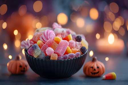 A vibrant assortment of colorful candies in a dark bowl, surrounded by festive pumpkins and soft bokeh lights. the scene evokes a halloween ambiance, perfect for seasonal decoration and festive inspiration. Generative AIの素材