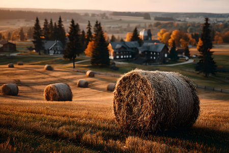 Tranquil rural landscape in autumn featuring hay bales on rolling hills. warm golden light enhances the captivating countryside setting, with distant farmhouses and a lush forest framing the picturesque scene. Generative AIの素材