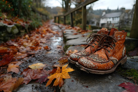 Weathered boots rest on a stone path covered with fallen autumn leaves. the warm tones of the leaves contrast with the rustic boots, embodying the serene ambiance of a cozy fall walk in the countryside. Generative AIの素材