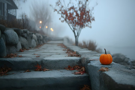 Atmospheric fog envelops a stone pathway lined with autumn leaves, creating a serene and mysterious setting. a lone pumpkin adds a touch of color, evoking fall themes suitable for seasonal designs and holiday inspiration. Generative AIの素材