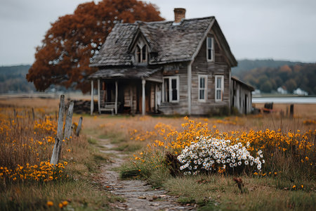 Weathered wooden cottage surrounded by vibrant orange wildflowers and lush autumn trees. a worn path leads up to the rustic home, evoking a serene and nostalgic country setting. Generative AIの素材