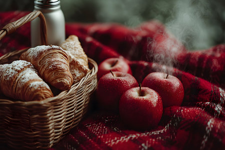 A warm, inviting autumn picnic setup featuring freshly baked croissants in a wicker basket, three red apples, and a steaming hot drink bottle on a red plaid blanket. the misty steam adds to the cozy atmosphere, evoking a sense of comfort and seasonal enjoyment. Generative AIの素材