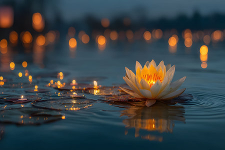 A luminous lotus flower floats gracefully on water, surrounded by delicate candlelight reflections. the twilight sky and gentle ripples create a peaceful, tranquil setting ideal for mindfulness and relaxation themes. Generative AIの素材