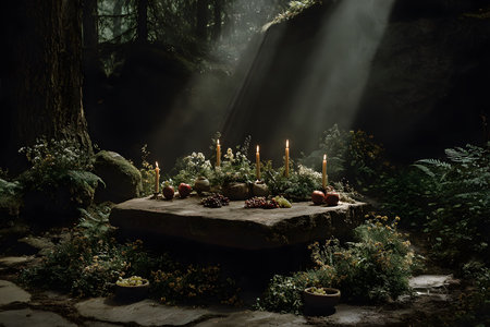 A stone altar adorned with lit candles, fruits, and flowers, nestled in a serene forest clearing. sunlight filters through the trees, creating a tranquil and mystical atmosphere, ideal for rituals or contemplation. Generative AIの素材