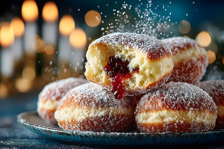 Sufganiyah donuts, golden brown and filled with sweet jelly, are dusted with powdered sugar. illuminated by candlelight, this scene evokes a festive holiday atmosphere, perfect for celebrations and gatherings. Generative AIの素材