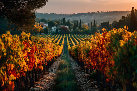 Vibrant autumn hues light up vineyard rows at sunset, with rolling hills and distant rustic buildings creating a tranquil countryside scene. ideal for vineyard tours, wine events, or countryside getaway promotions. Generative AIの素材