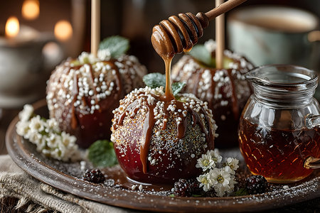 A cozy and rustic setting featuring caramel apples generously drizzled with honey. the apples, adorned with sugar sprinkles and garnished with mint leaves, rest on a wooden tray surrounded by delicate flowers and a jar of honey. Generative AIの素材