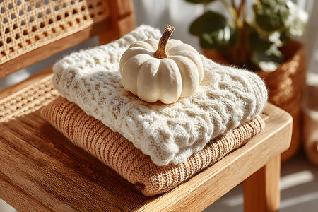Knitted sweaters in cream and beige stacked on a wooden chair, topped with a mini white pumpkin, evoke a warm autumn vibe. sunlight enhances the inviting texture, perfect for seasonal decor inspiration. Generative AIの素材