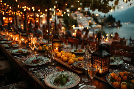Elegant lakeside dinner party at sunset with sparkling string lights illuminating a beautifully set table featuring decorative plates, fresh lemons, and ornate lanterns, creating a warm and inviting ambiance. Generative AIの素材