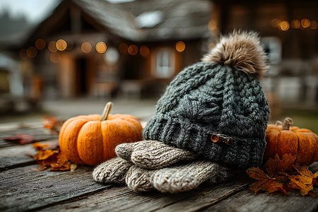 A cozy autumn scene featuring a knitted hat with a pom-pom and matching gloves resting on a wooden table. two small pumpkins and scattered autumn leaves add a festive touch, set against a blurred rustic background with warm lighting. Generative AIの素材