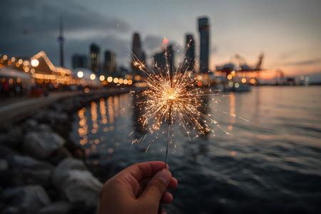 A hand holds a sparkling sparkler against a blurred city skyline at dusk, with glowing lights reflecting on the waterfront. the scene exudes a festive, celebratory atmosphere perfect for holiday themes and designs. Generative AIの素材