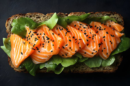 Delicious open-faced sandwich featuring fresh salmon slices elegantly arranged on crisp lettuce leaves atop hearty dark rye bread. garnished with black sesame seeds, this dish combines vibrant colors and textures, ideal for a gourmet meal. Generative AIの素材